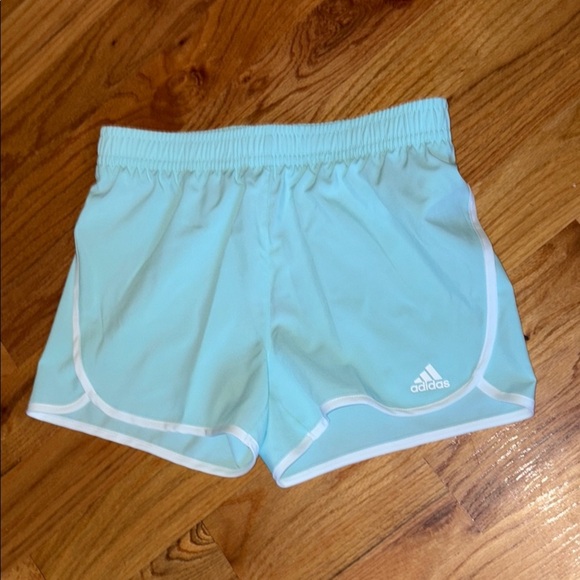 NWT adidas Big Girls Woven Soccer Shorts in Light Turquoise with White Trim; XL - Picture 3 of 6